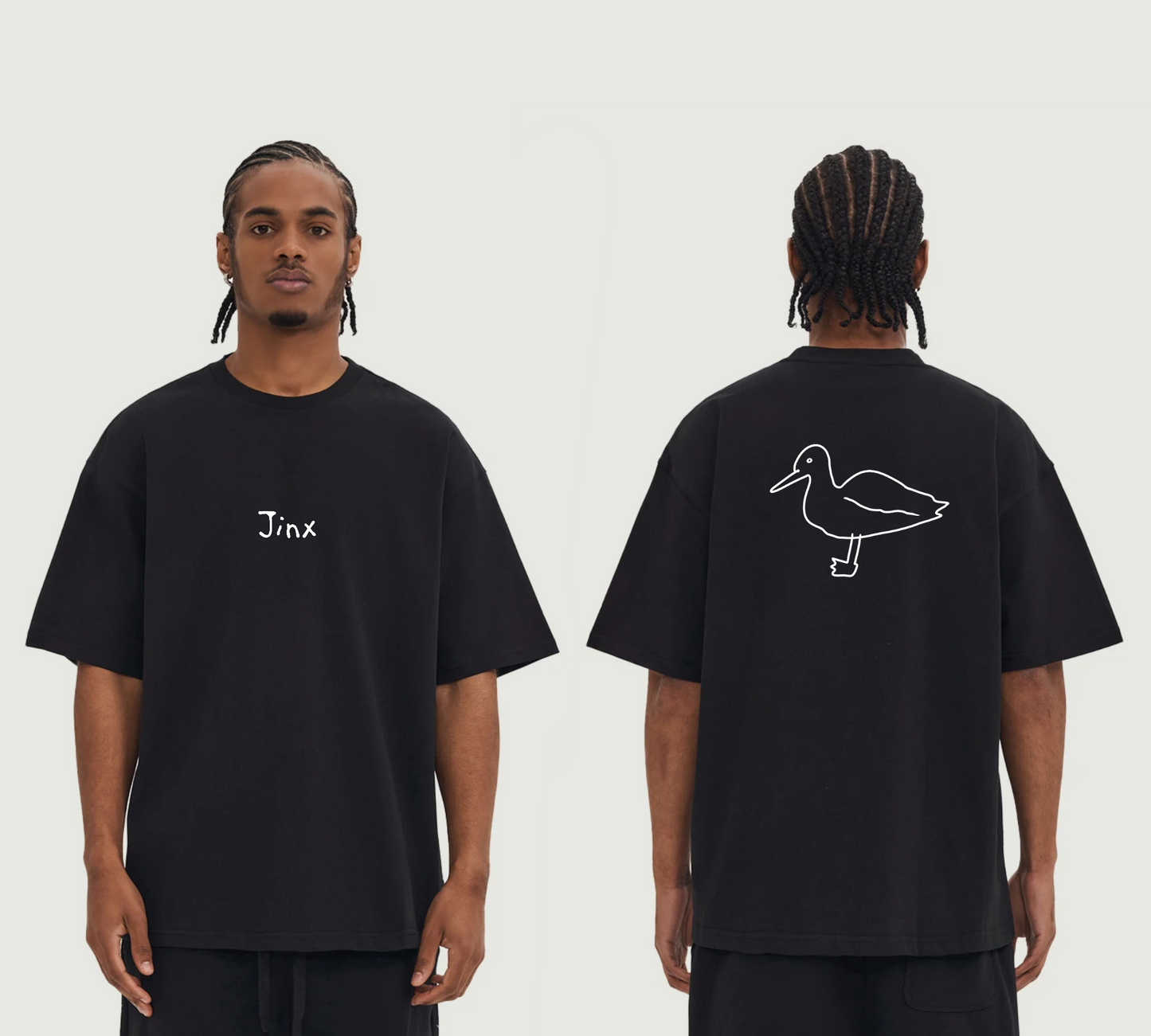 Black t-shirt with 'Jinx' logo on front and bird design on back.